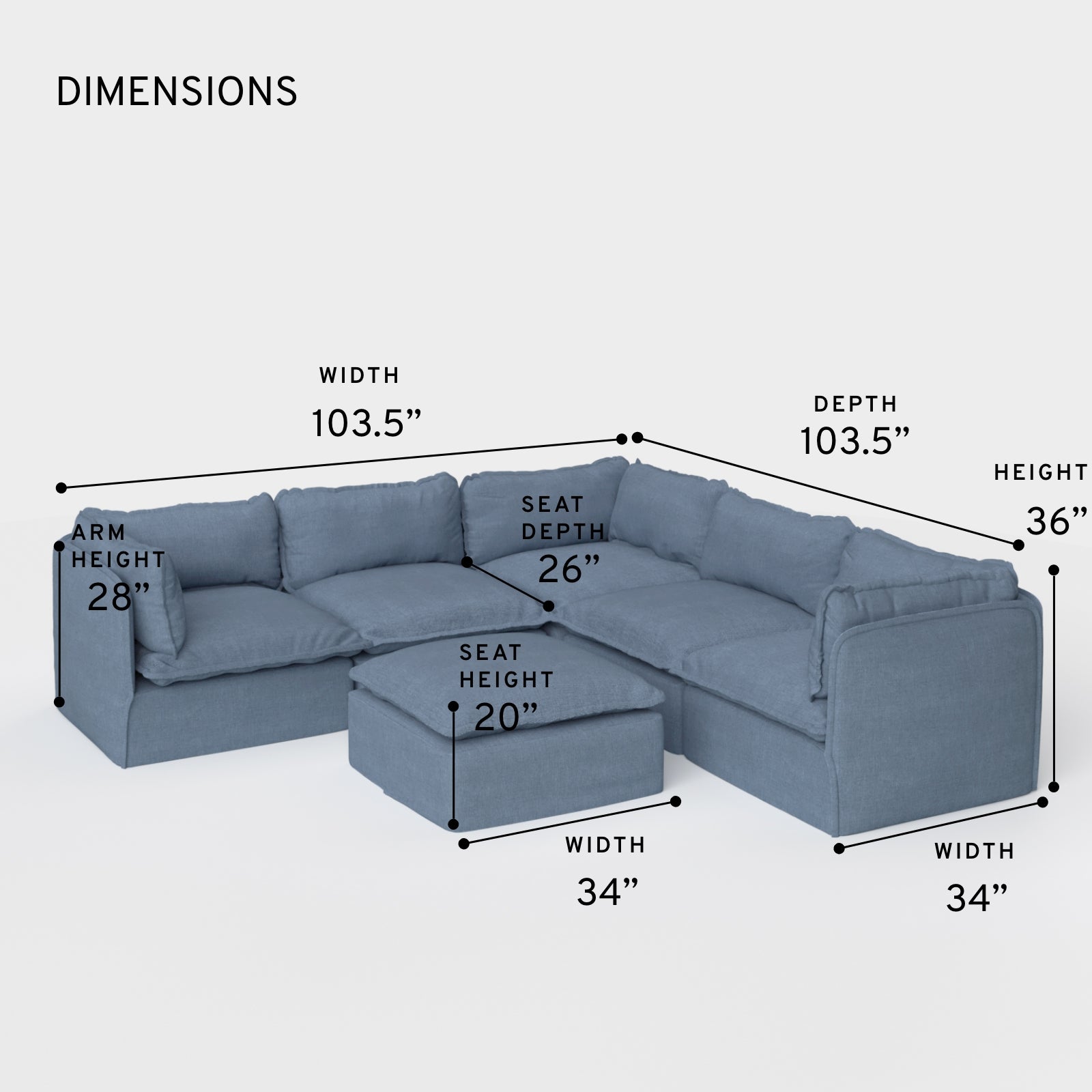 Modular Outdoor Washable 5-Seater Corner Sectional + Ottoman
