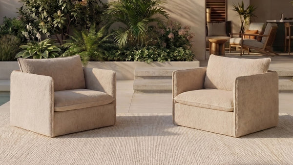 Lifestyle image of a modular outdoor armchair set in Cashew fabric, highlighting washable modular armchairs and flexible outdoor seating.