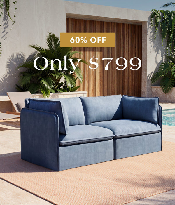 Modular 2-seater loveseat in Ocean fabric highlighting the bestselling washable loveseat, now 60% off starting at $799.