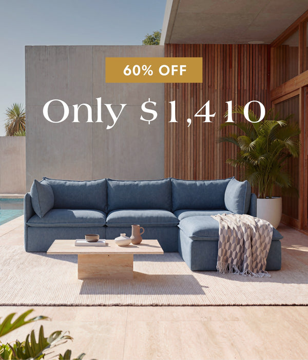 Modular 3-seater sectional in Ocean fabric highlighting the bestselling washable sectional, now 60% off starting at $1,410.