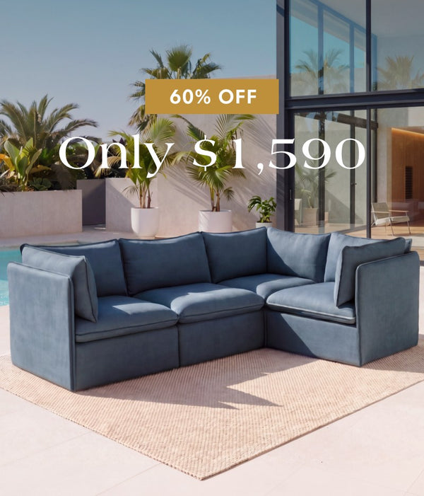 Modular 4-seater corner sectional in Ocean fabric highlighting the bestselling corner sectional, now 60% off starting at $1,810.