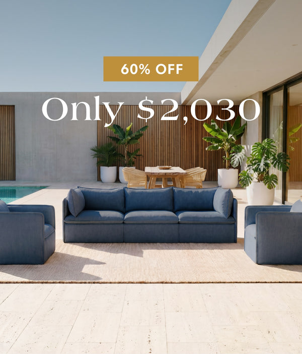 Modular 3-seater sofa with an armchair set in Ocean fabric highlighting the bestselling outdoor sofa sets, now 60% off starting at $2,030.