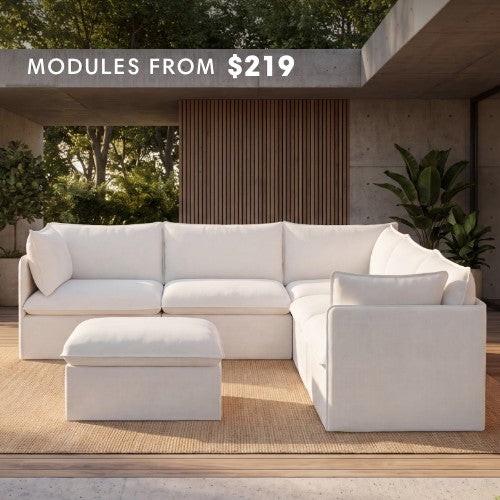 Build Your Own: Lifestyle image of a modular 5-seater corner sectional with ottoman in Cloud fabric showcasing customizable modular configurations