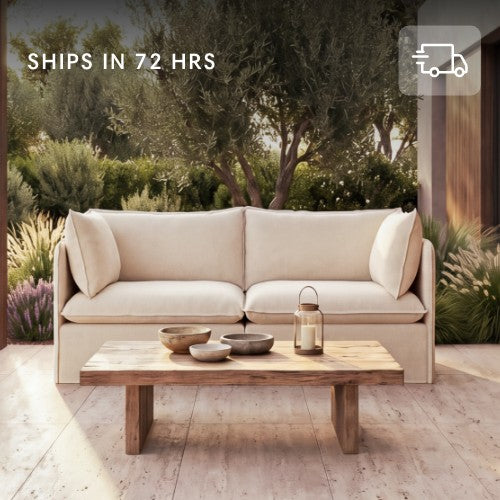 Lifestyle still image of 2-seater sofa in Sand highlighting 72-hour quick-ship delivery.
