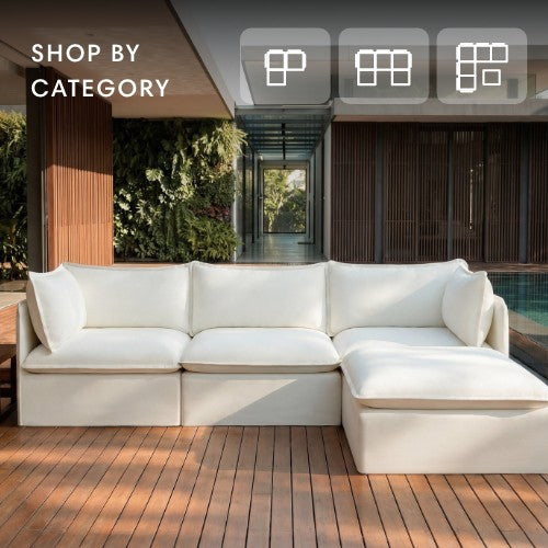 Lifestyle image of a 3-seater modular sectional in Cloud fabric styled in a contemporary outdoor space.