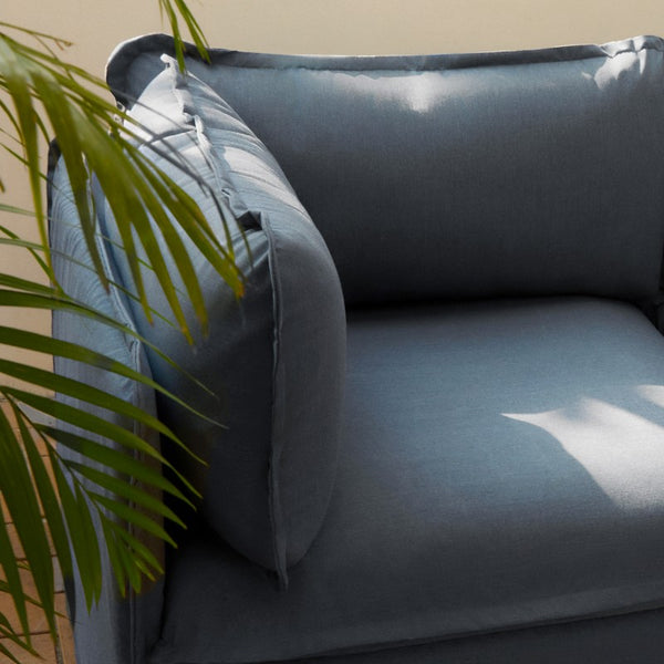 Close-up of an Ocean fabric end chair, highlighting Forever Chemical-Free fabric for a safer, non-toxic home environment.