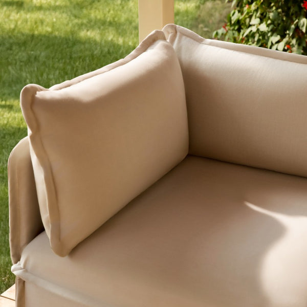 Three-seater sectional in Sand fabric, highlighting sustainable materials and carbon-neutral shipping.