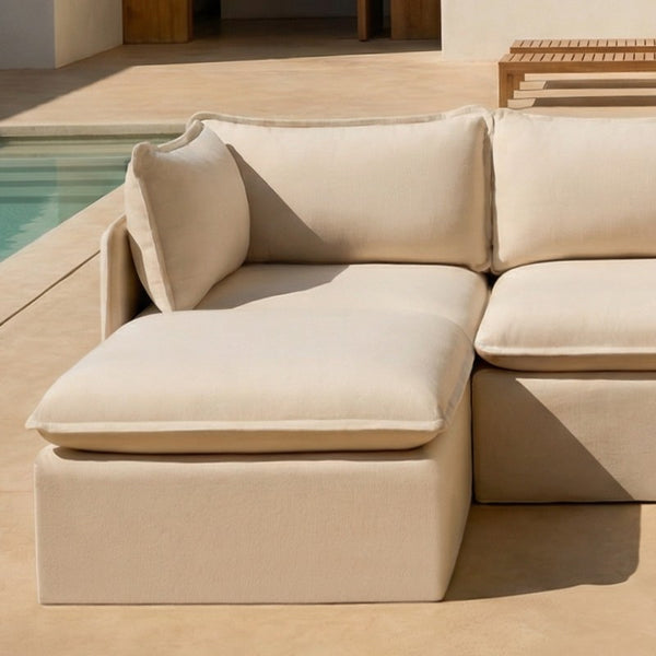 Three-seater sectional in Sand fabric, highlighting sustainable construction and responsibly sourced down materials.