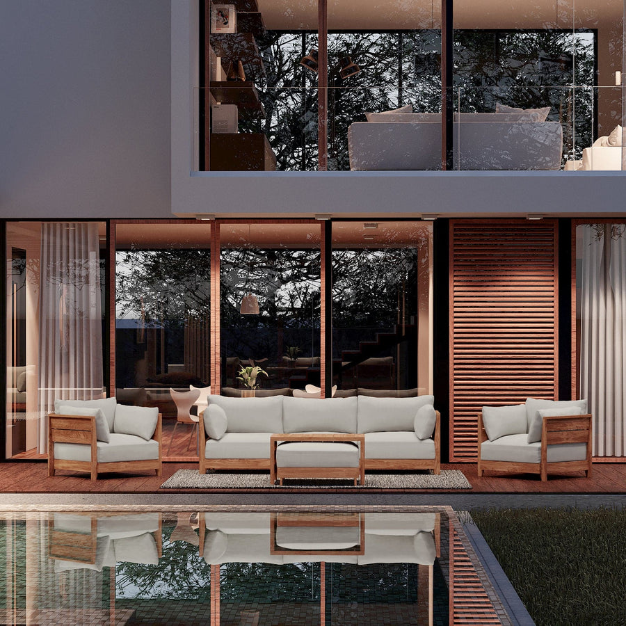 Modular Teak Outdoor Sofa + Armchair Set | Nano Slubweave in Mist