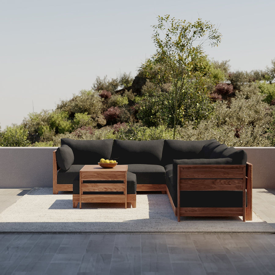 Dwell™ Modular Teak Outdoor Loveseat + Ottoman | Classic Canvas in Charcoal