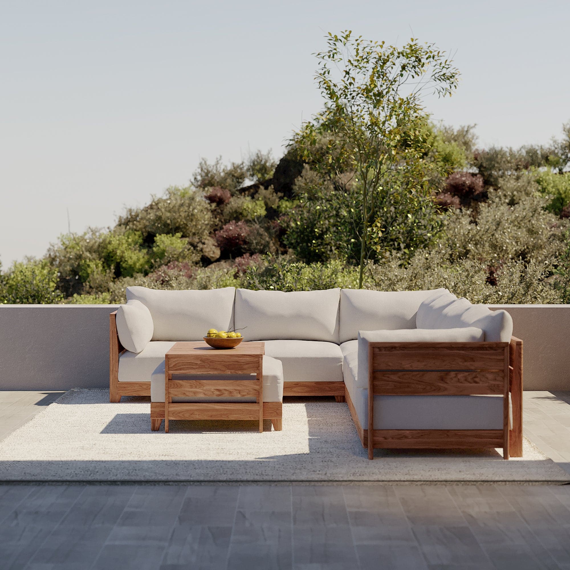 Modular Teak Outdoor Sofa + Ottoman Nano Slubweave in Chai Chicory