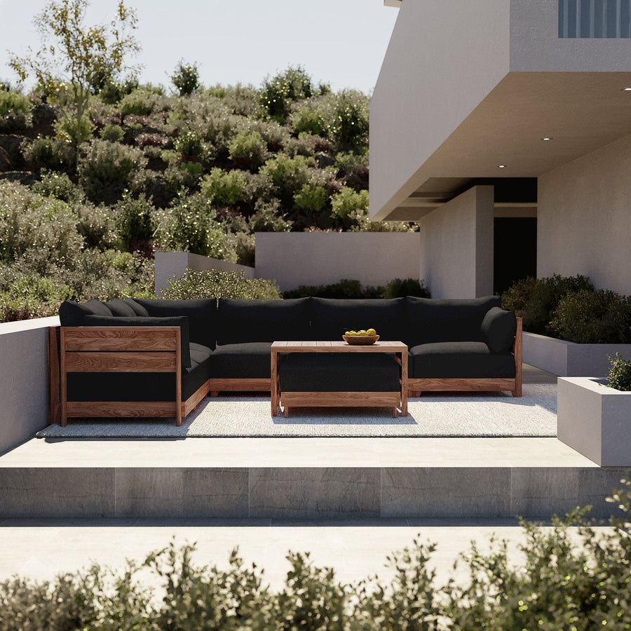 Dwell™ Modular Teak Outdoor 5-Seater L-Sectional + Ottoman | Classic Canvas in Charcoal