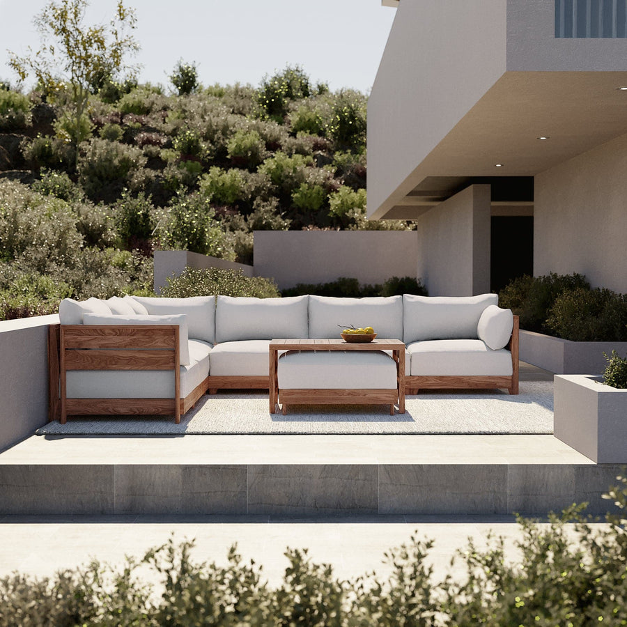 Dwell™ Modular Teak Outdoor 5-Seater L-Sectional + Ottoman | Classic Canvas in Cloud