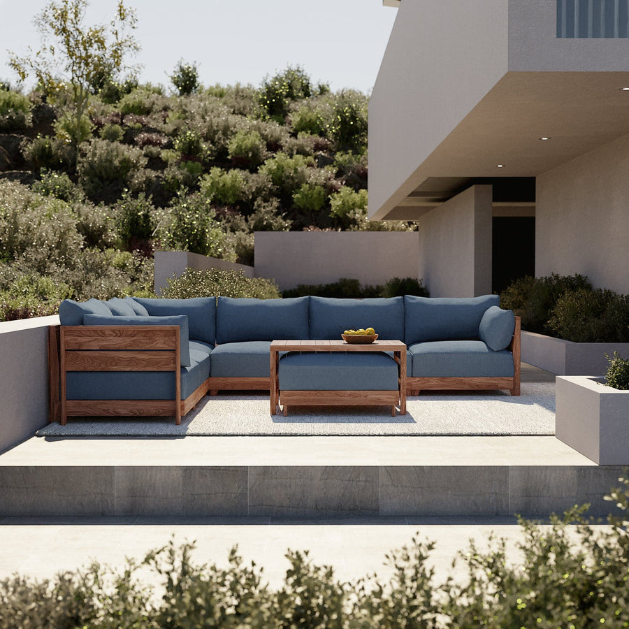 Dwell™ Modular Teak Outdoor 5-Seater L-Sectional with Storage Coffee Table  | Classic Canvas in Ocean
