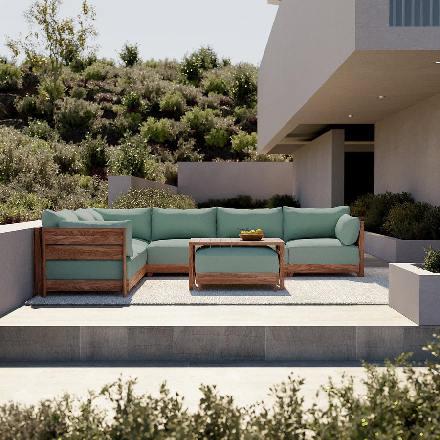 Dwell™ Modular Teak Outdoor 5-Seater L-Sectional + Storage Coffee Table  | Classic Canvas in Seaglass