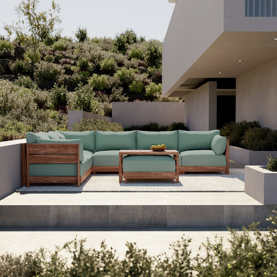Dwell™ Modular Teak Outdoor 5-Seater L-Sectional + Ottoman | Classic Canvas in Seaglass
