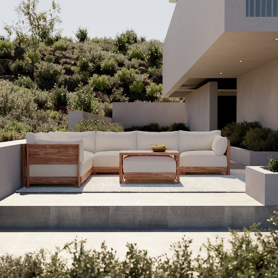Modular Teak Outdoor 5-Seater L-Sectional with Ottoman + Side Table | Alfresco Boucle in Creme