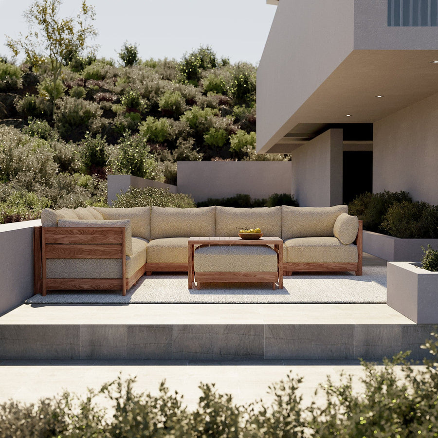 Modular Teak Outdoor Sofa with Ottoman + Side Table  | Alfresco Boucle in Cashew