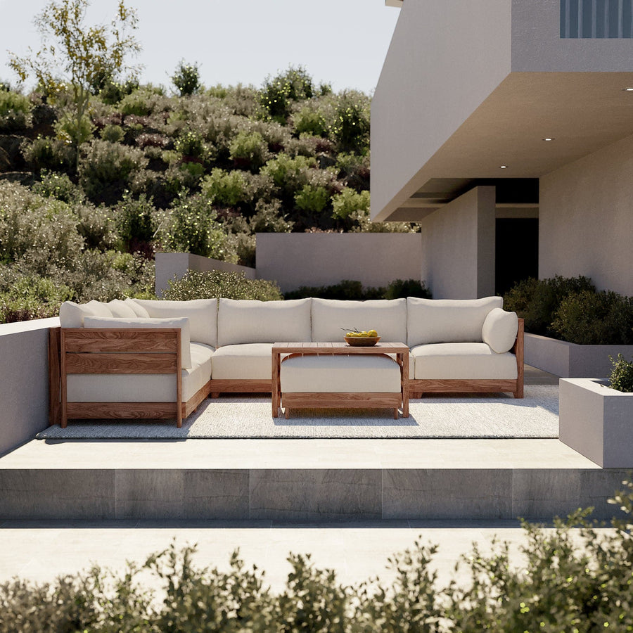 Modular Teak Outdoor Loveseat with Ottoman + Side Table | Nano Slubweave in Chai