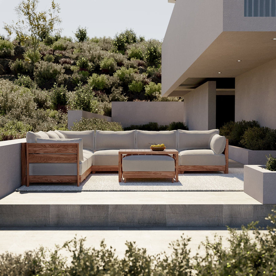 Modular Teak Outdoor Loveseat with Ottoman + Side Table | Plush Velvet in Silk