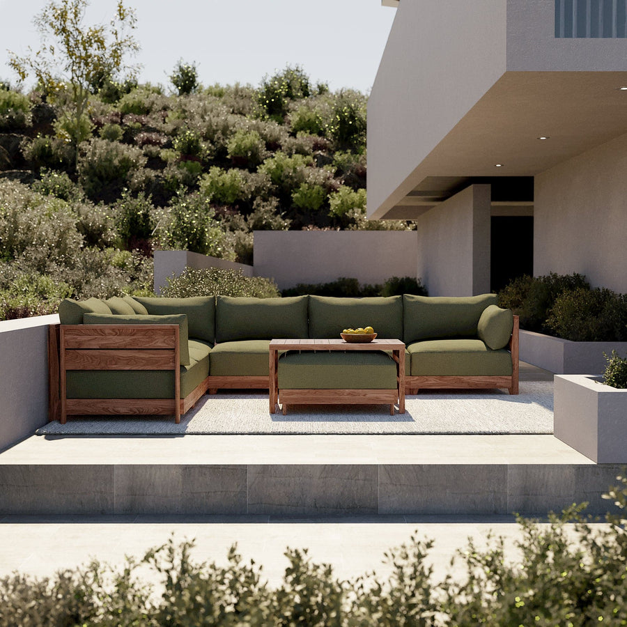Modular Teak Outdoor 5-Seater L-Sectional with Storage Coffee Table  | Sun Crossweave in Olivine