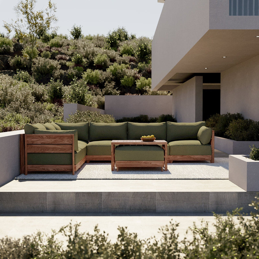 Modular Teak Outdoor 4-Seater L-Sectional + Storage Coffee Table | Sun Crossweave in Olivine