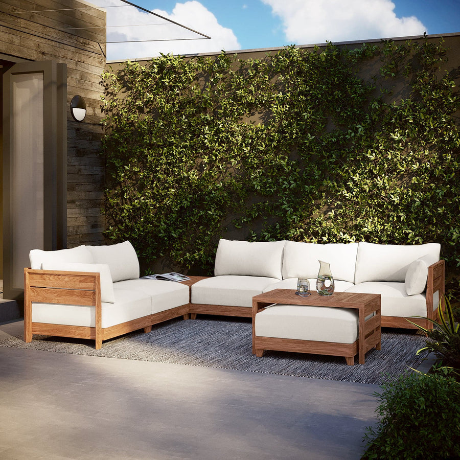 Dwell™ Modular Teak Outdoor 5-Seater L-Sectional + Ottoman | Classic Canvas in Cloud