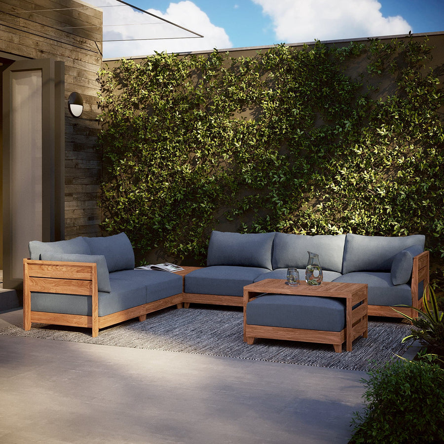 Dwell™ Modular Teak Outdoor Sofa with Ottoman + Side Table  | Classic Canvas in Ocean