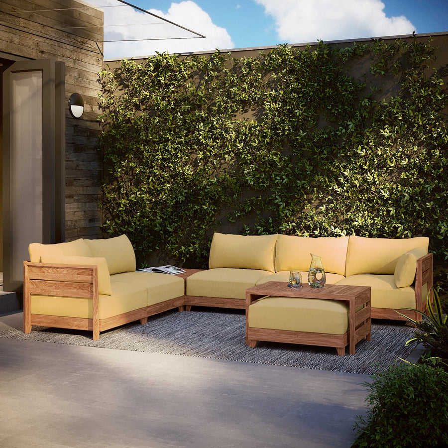 Dwell™ Modular Teak Outdoor 5-Seater L-Sectional + Ottoman | Classic Canvas in Sun