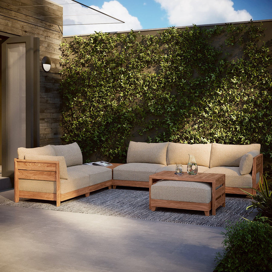 Modular Teak Outdoor Loveseat with Ottoman + Side Table | Alfresco Boucle in Cashew