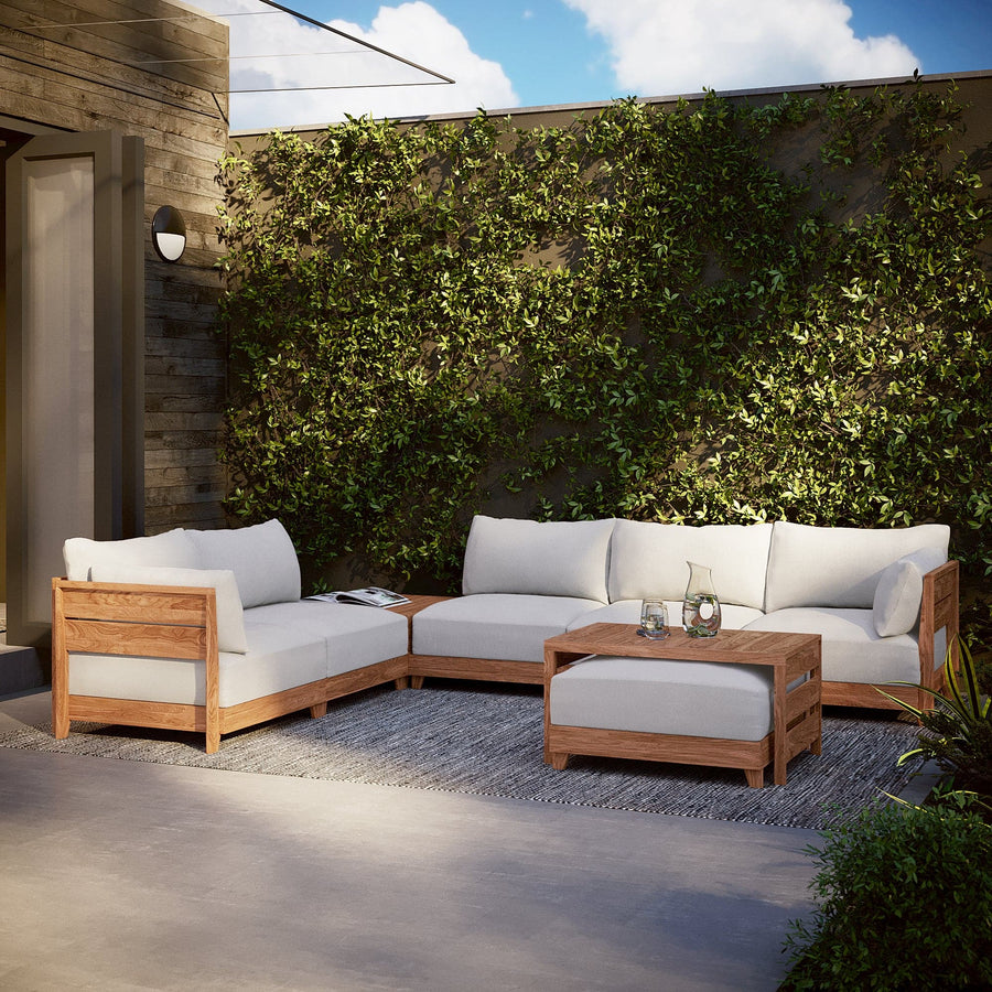 Modular Teak Outdoor 6-Seater L-Sectional | Nano Slubweave in Mist
