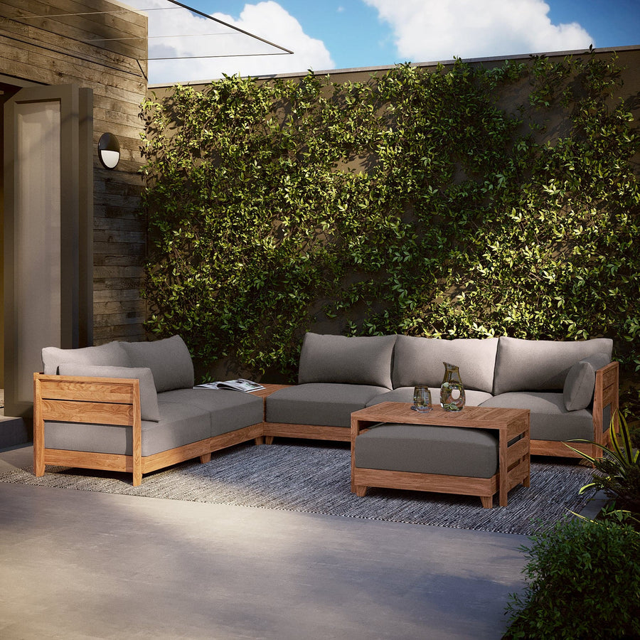 Modular Teak Outdoor 2-Seater + Storage Coffee Table | Nano Slubweave in Haze Gray