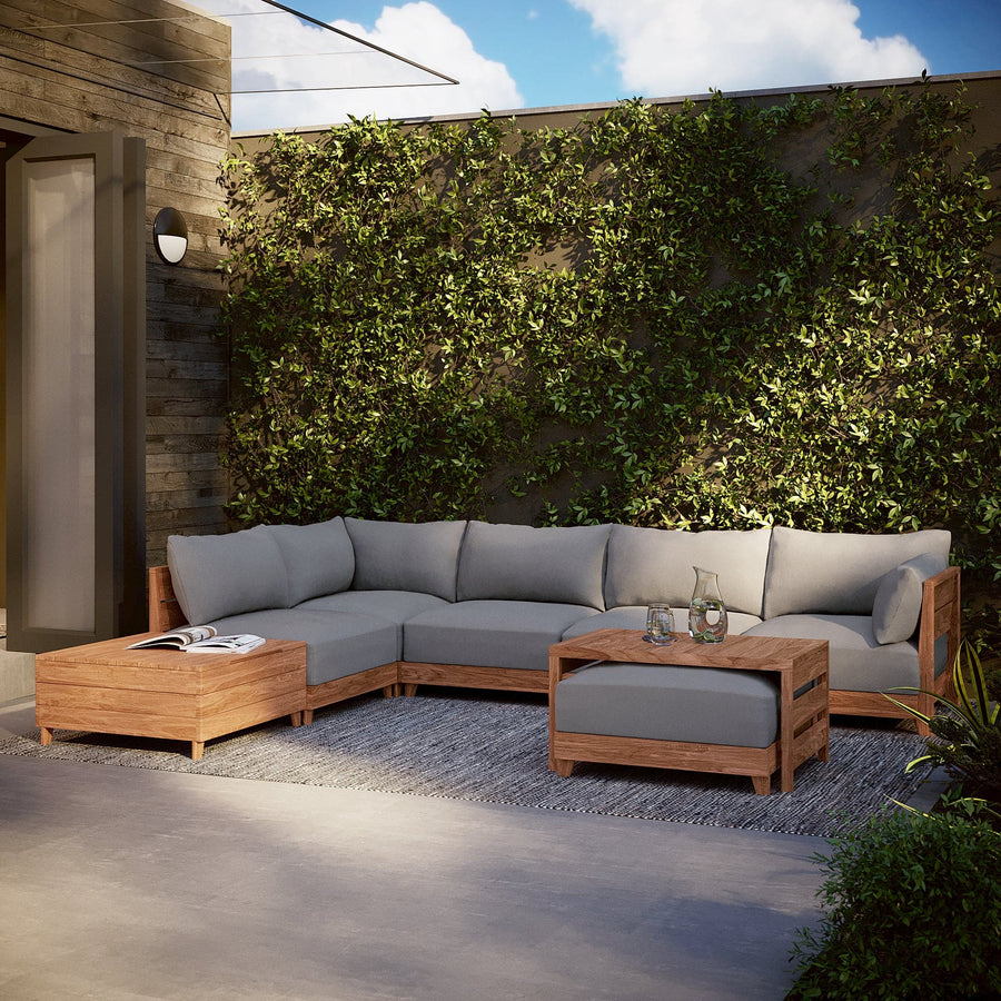Dwell™ Modular Teak Outdoor Ottoman + Side Table | Classic Canvas in Stone Gray