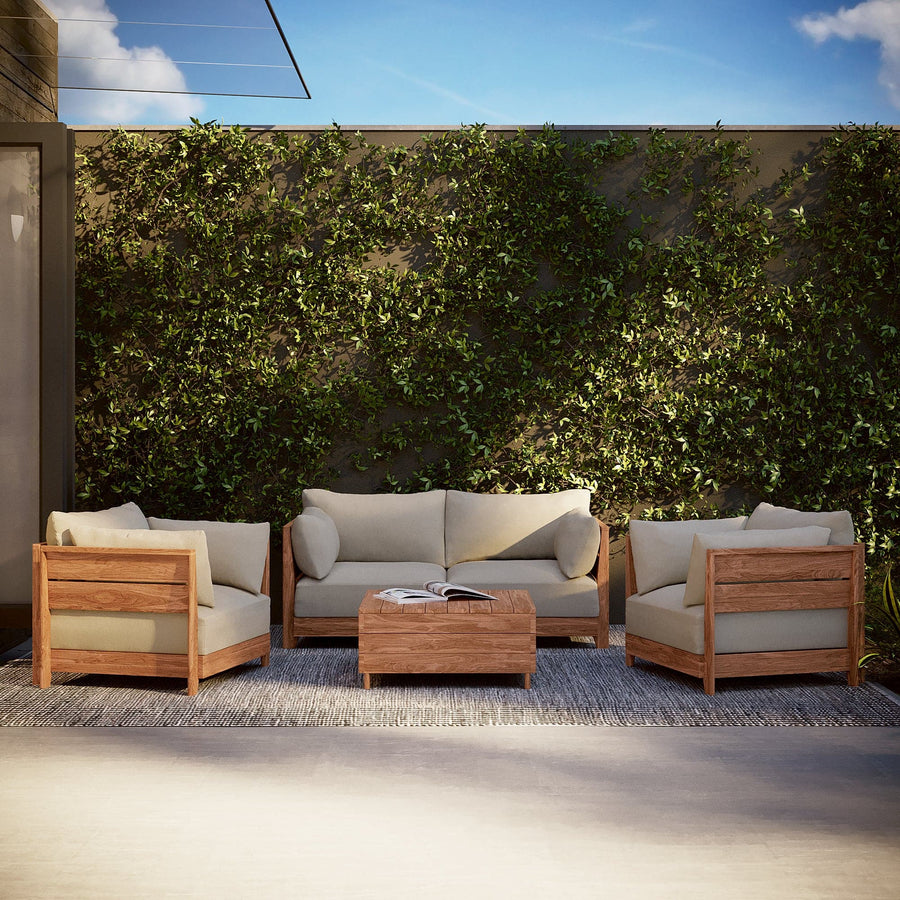 Dwell™ Modular Teak Outdoor Loveseat + Ottoman | Classic Canvas in Sand
