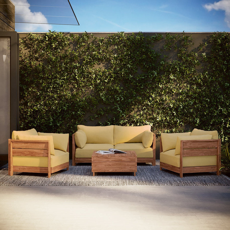 Dwell™ Modular Teak Outdoor Sofa + Ottoman | Classic Canvas in Sun