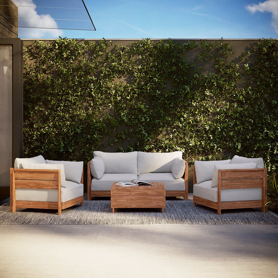 Modular Teak Outdoor Loveseat + Ottoman | Nano Slubweave in Mist