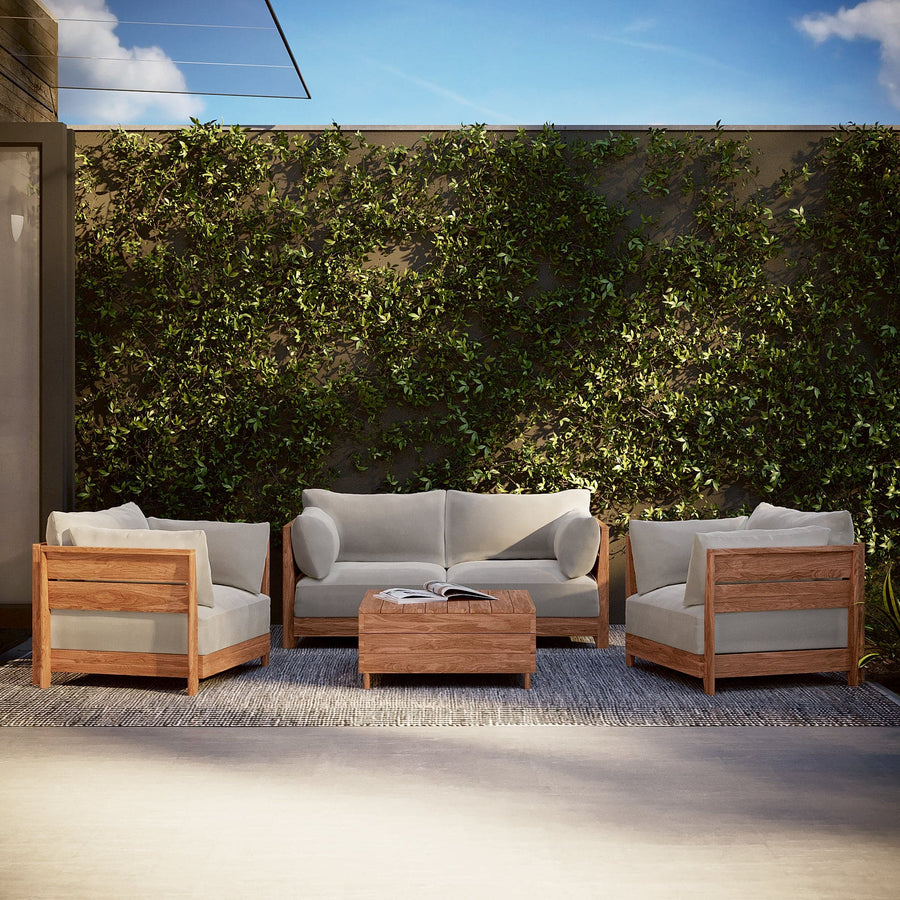Modular Teak Outdoor Loveseat + Armchair Set | Plush Velvet in Silk