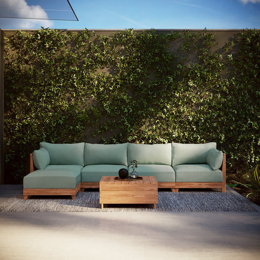 Dwell™ Modular Teak Outdoor Sofa + Storage Coffee Table | Classic Canvas in Seaglass