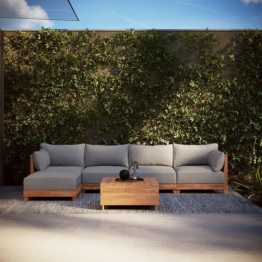 Dwell™ Modular Teak Outdoor Loveseat  + Storage Coffee Table | Classic Canvas in Stone Gray