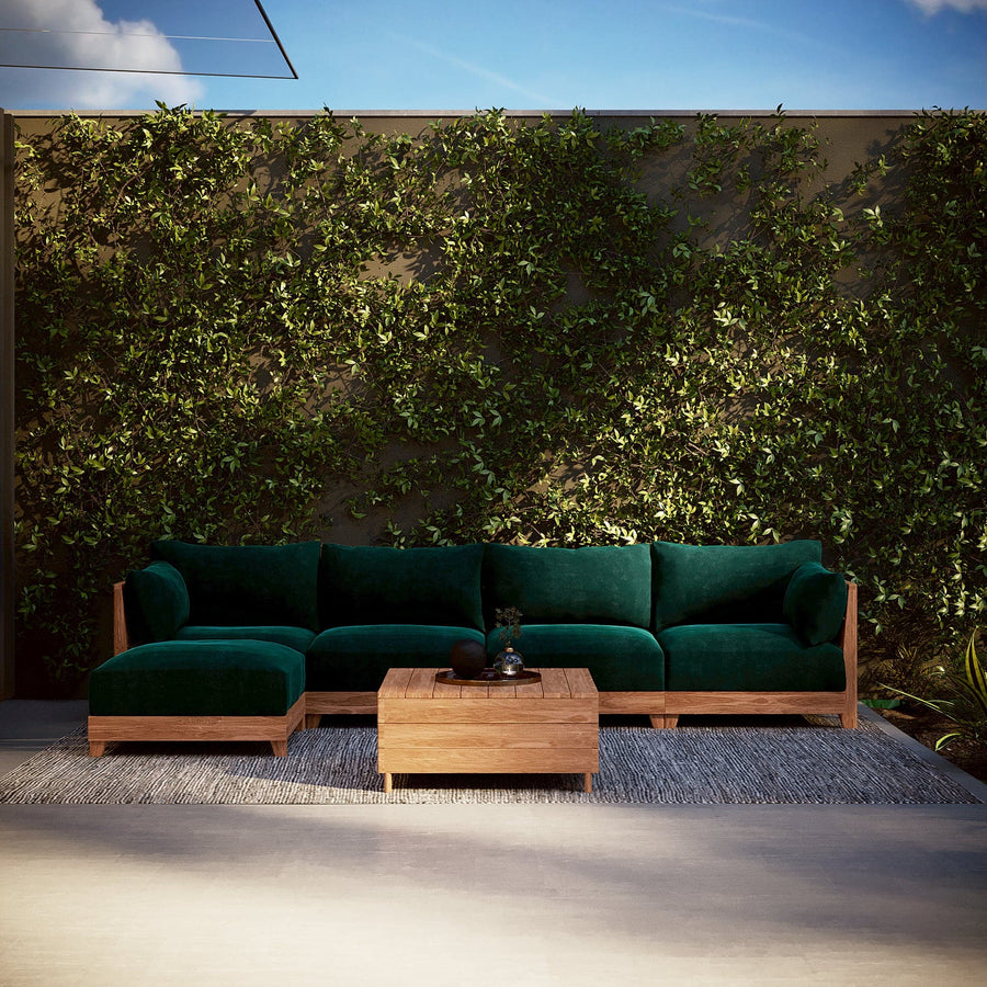 Modular Teak Outdoor Sofa + Storage Coffee Table | Plush Velvet in Muzo