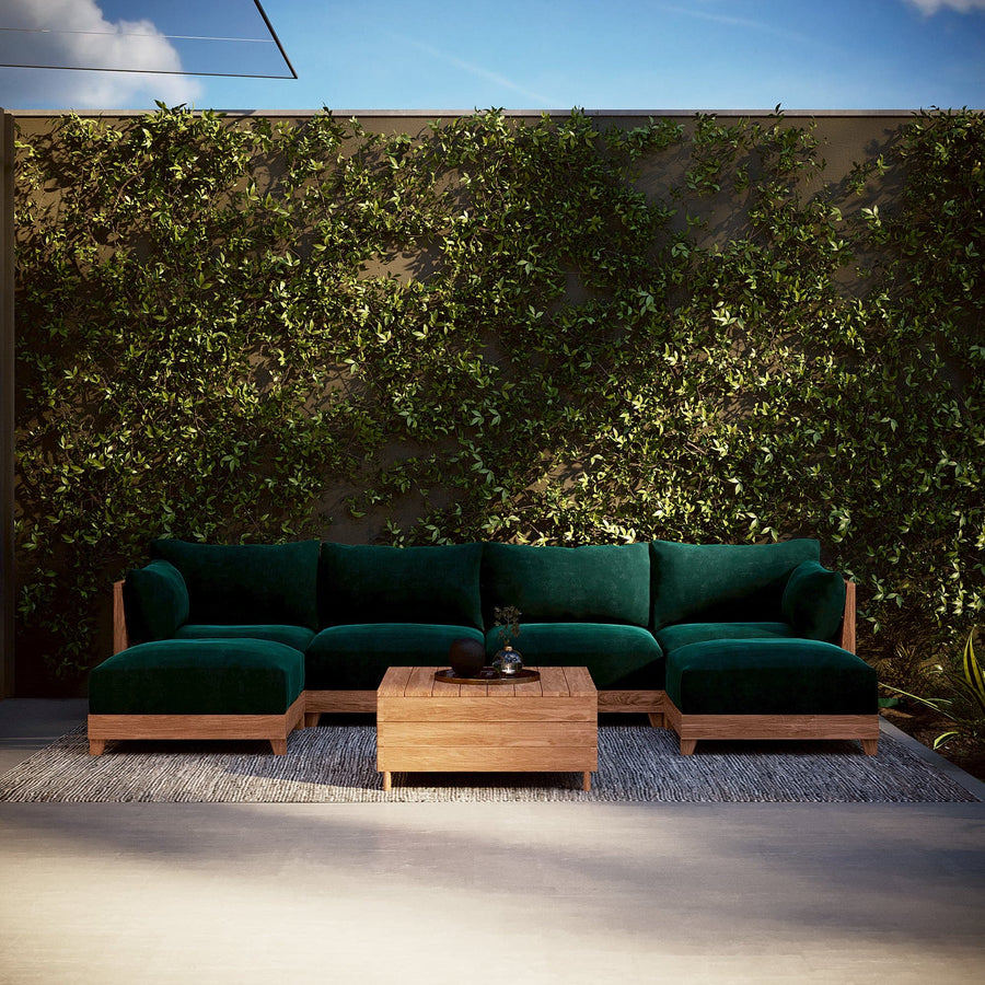 Modular Teak Outdoor 6-Seater U-Sectional + Storage Coffee Tables | Plush Velvet in Muzo