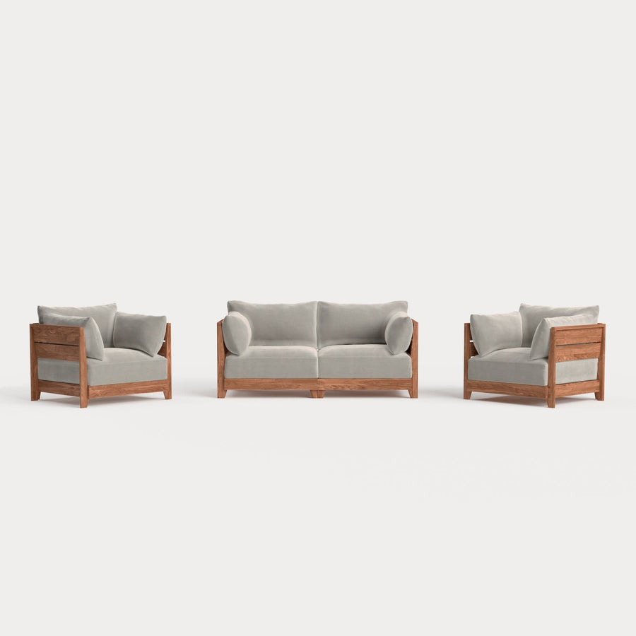 Modular Teak Outdoor Loveseat + Armchair Set | Plush Velvet in Silk
