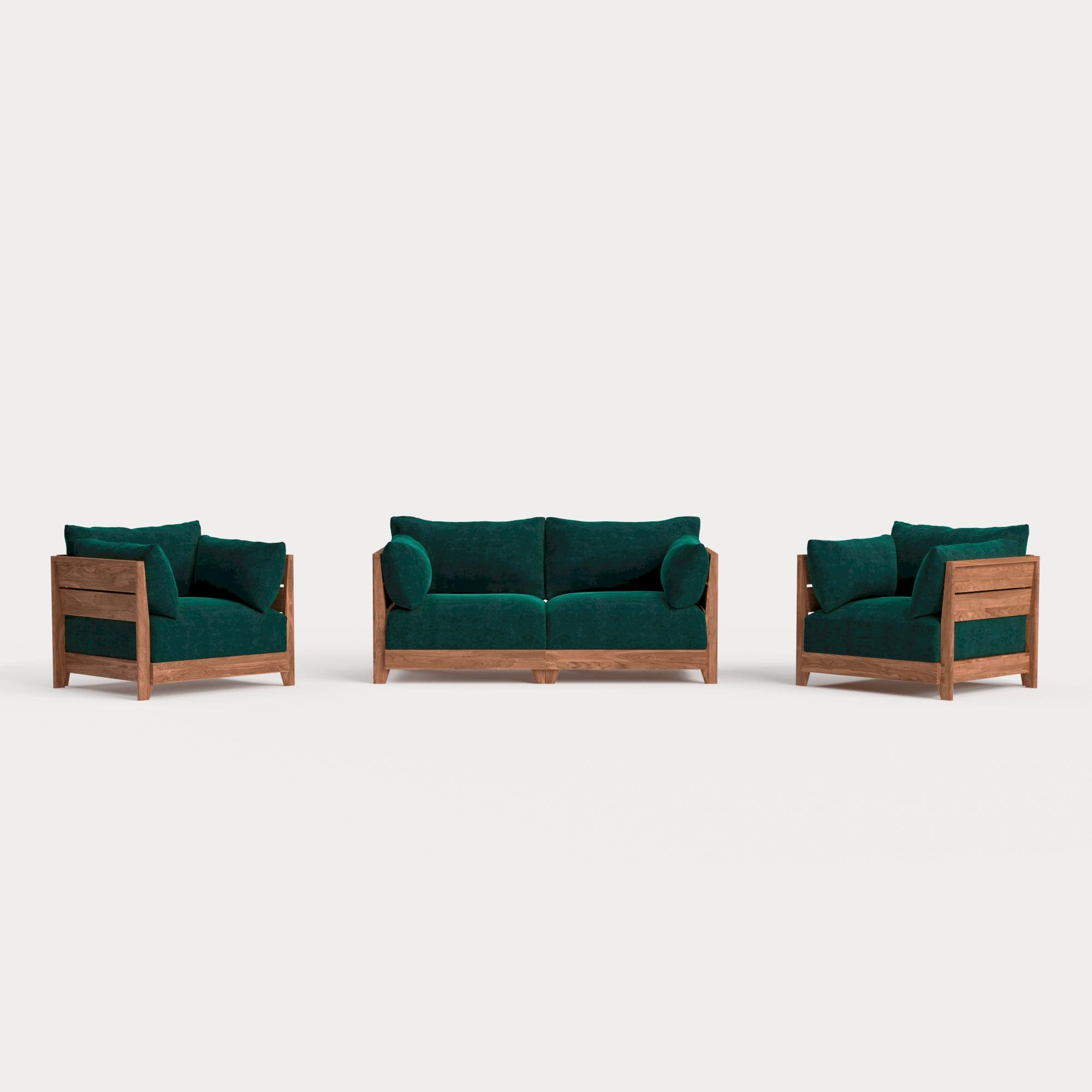 Modular Teak Outdoor Loveseat + Armchair Set Plush Velvet in Muzo