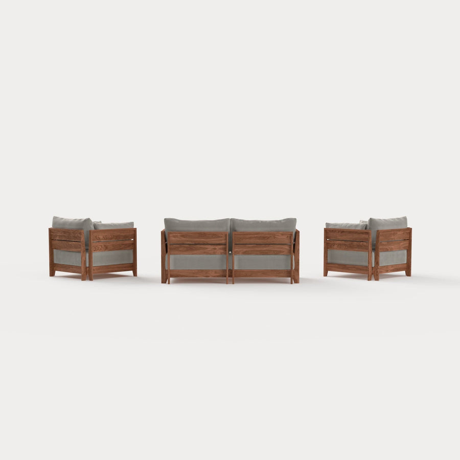 Modular Teak Outdoor Loveseat + Armchair Set | Plush Velvet in Silk