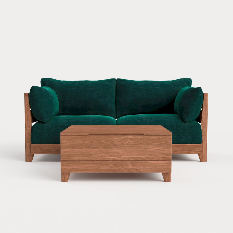 Modular Teak Outdoor Loveseat  + Storage Coffee Table | Plush Velvet in Muzo