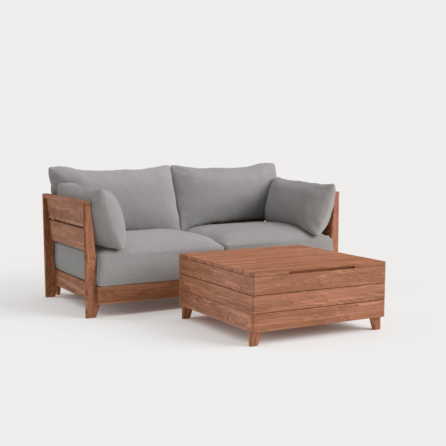 Dwell™ Modular Teak Outdoor Loveseat  + Storage Coffee Table | Classic Canvas in Stone Gray