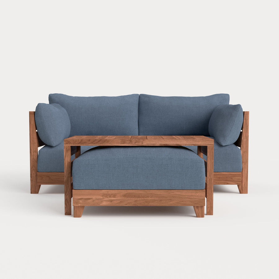 Dwell™ Modular Teak Outdoor Loveseat with Ottoman + Side Table | Classic Canvas in Ocean