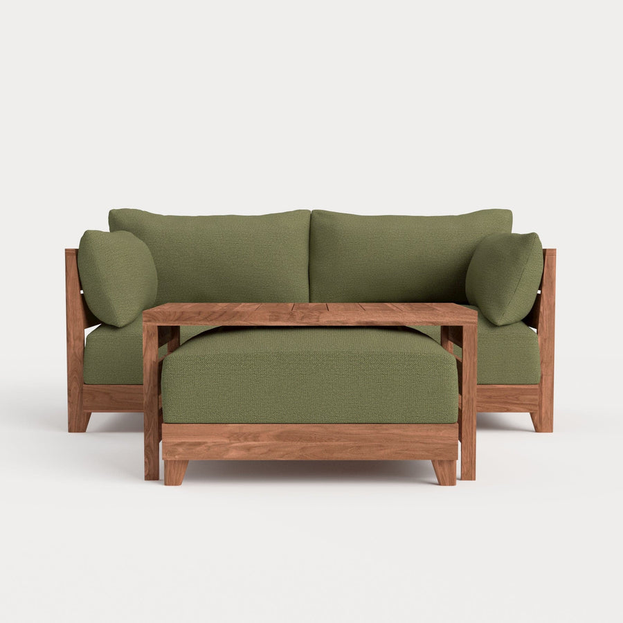 Modular Teak Outdoor Loveseat with Ottoman + Side Table | Sun Crossweave in Olivine