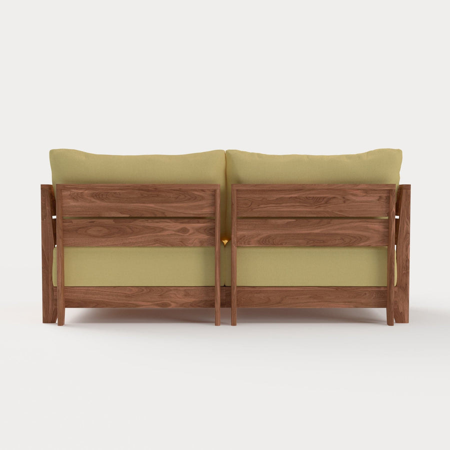 Dwell™ Modular Teak Outdoor Loveseat with Ottoman + Side Table | Classic Canvas in Sun