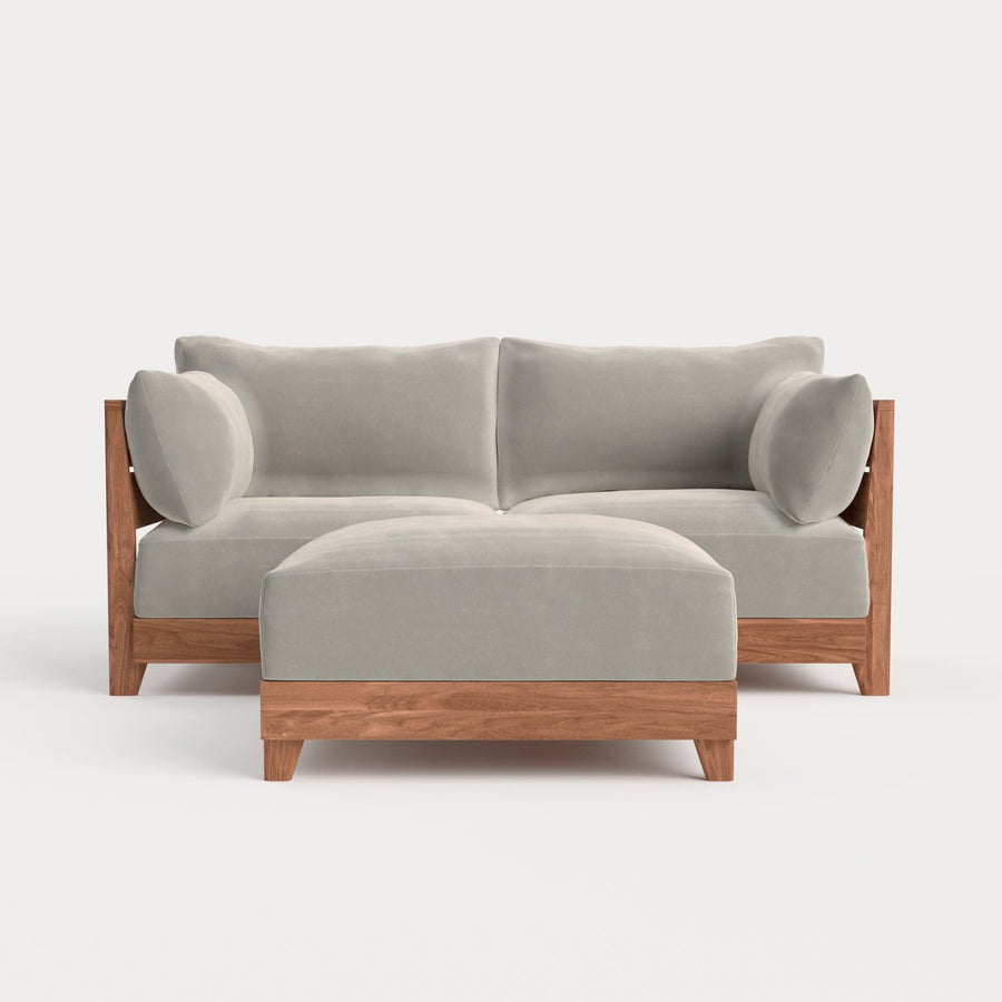 Modular Teak Outdoor Loveseat + Ottoman | Plush Velvet in Silk